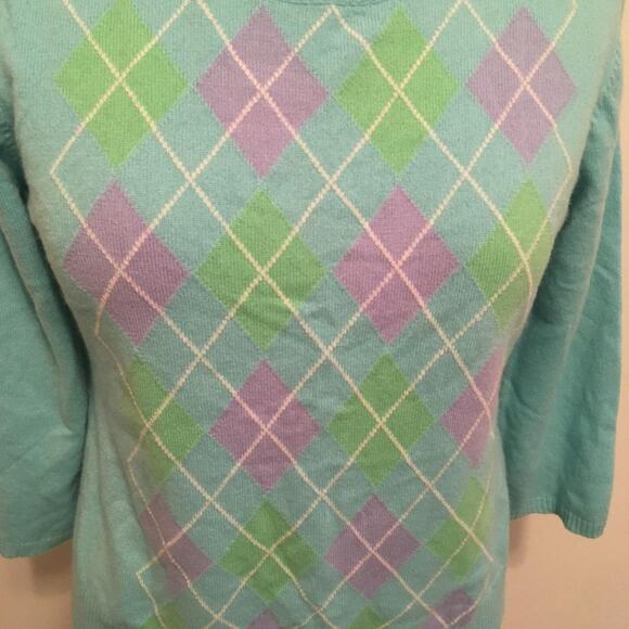 Geneva Aqua-Green-Blue-White Argyle 100% Cashmere Sweater XL - Picture 2 of 7